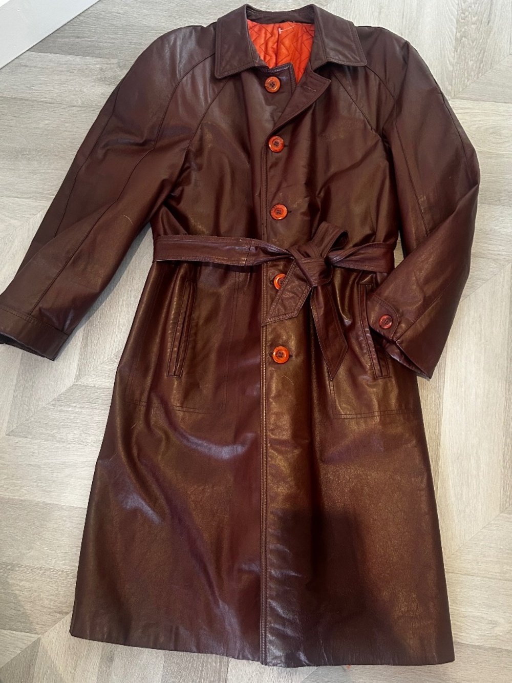 Vintage Brown Leather Trench Coat Belted Sheepskin Lined Long Canada 38 M/L